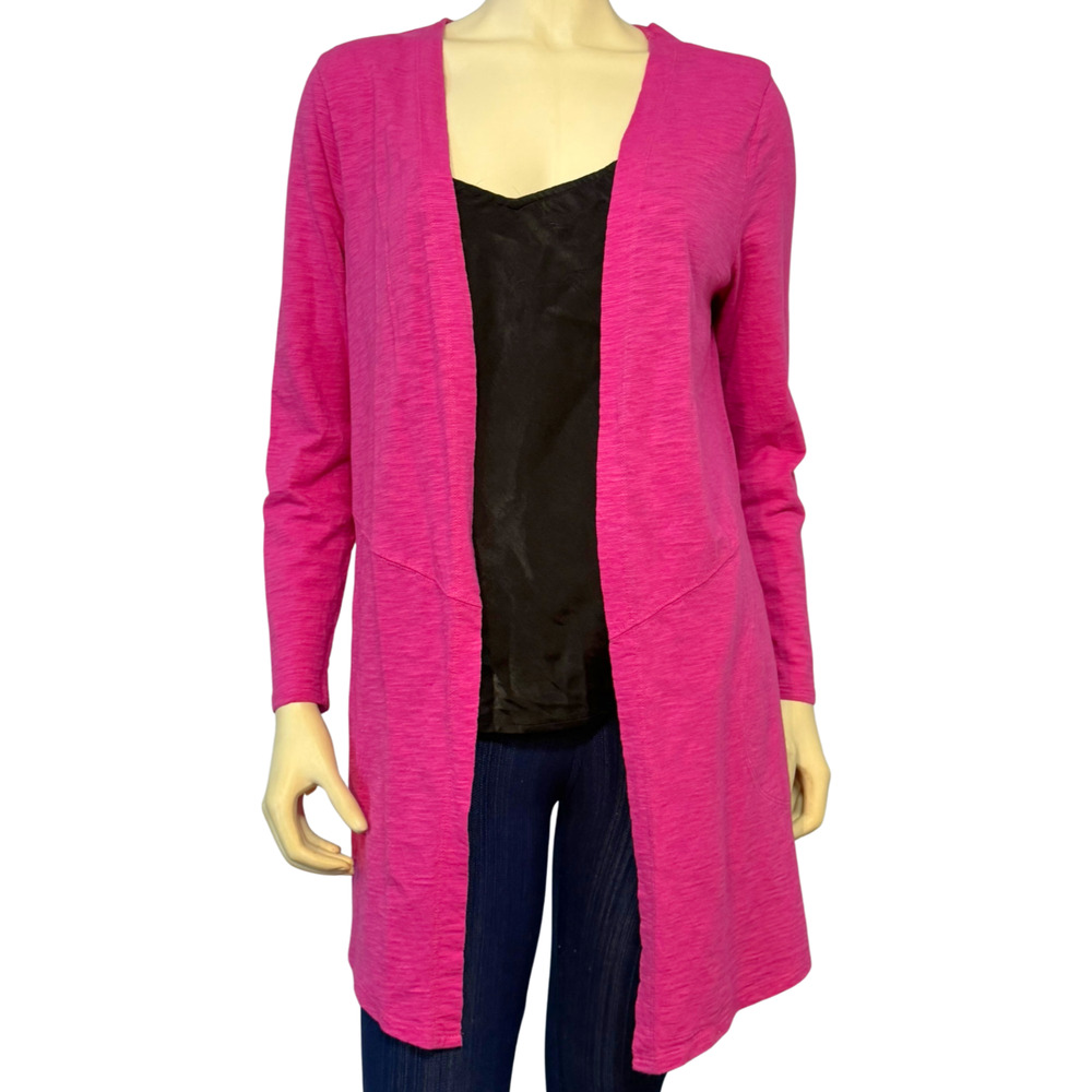 Chico’s Sz 1 M Ultimate Tee Cardigan Raspberry Pink Cotton‑Modal Knit Hip‑Length